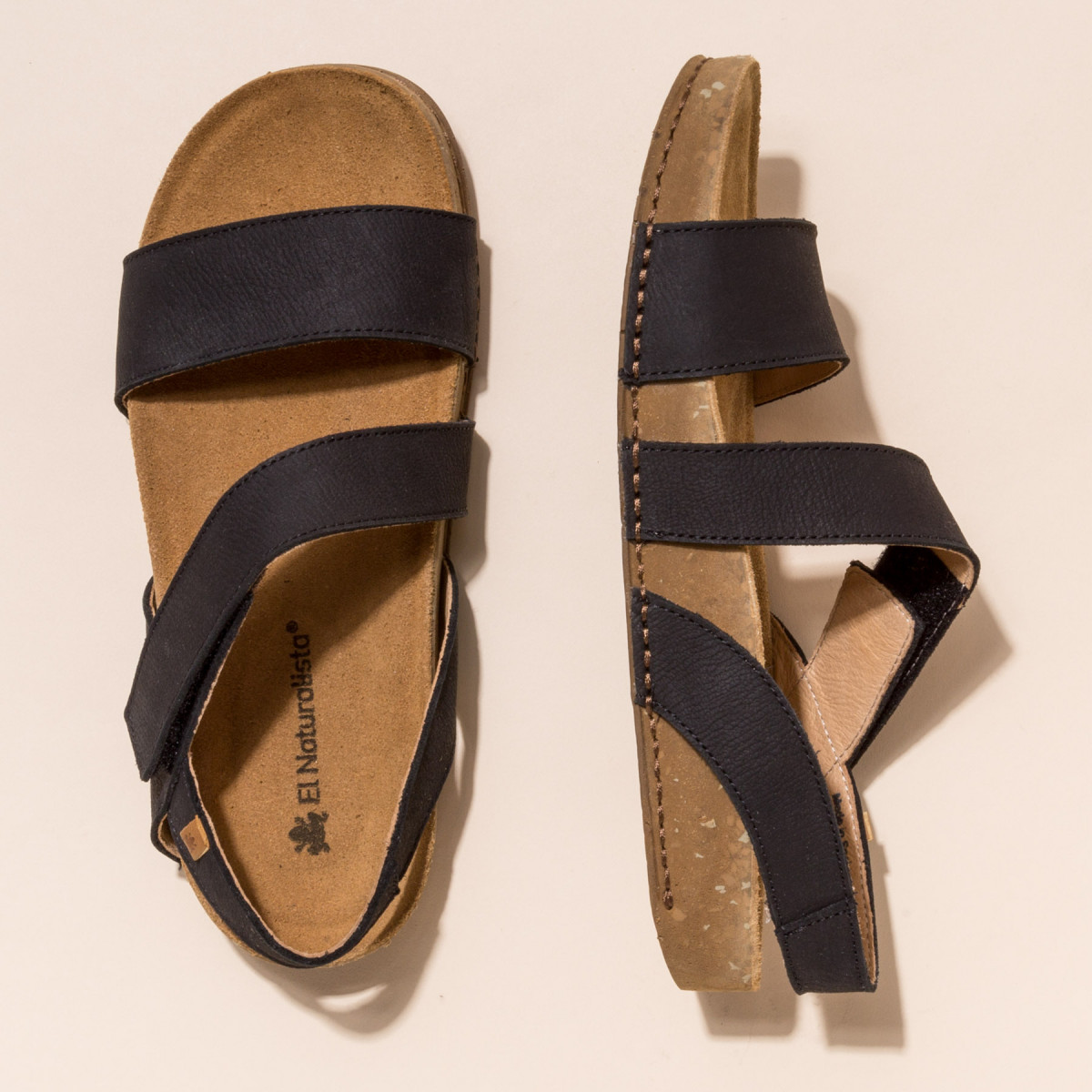 Sandales plates en cuir à scratch et semelles ergonomiques - Noir - El naturalista