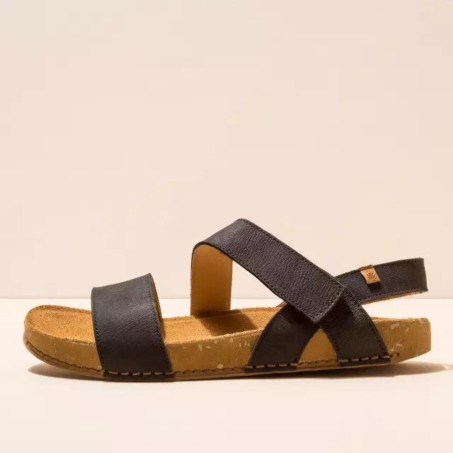 Sandales confortables plates en cuir à scratch et semelles ergonomiques - Noir - El naturalista