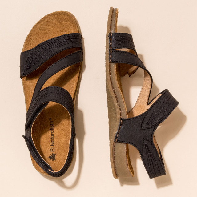 Sandales confortables plates en cuir suédé à scratch - Noir - El naturalista