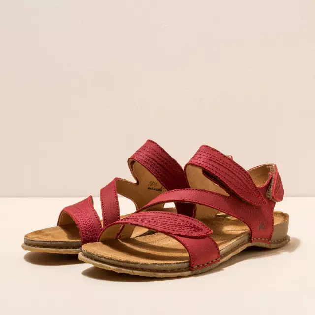 Sandales confortables plates en cuir suédé à scratch - Rouge - El naturalista