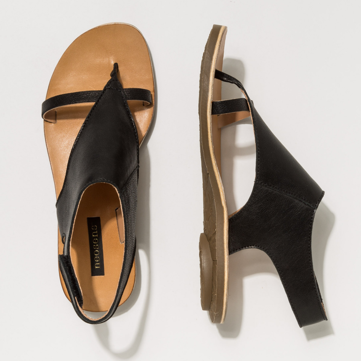 Sandales plates en cuir à scratch - Noir - Neosens