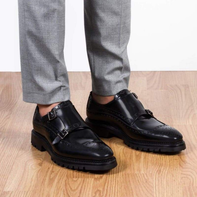Chaussures double boucle homme en cuir à bout golf fleuri - Noir - michel