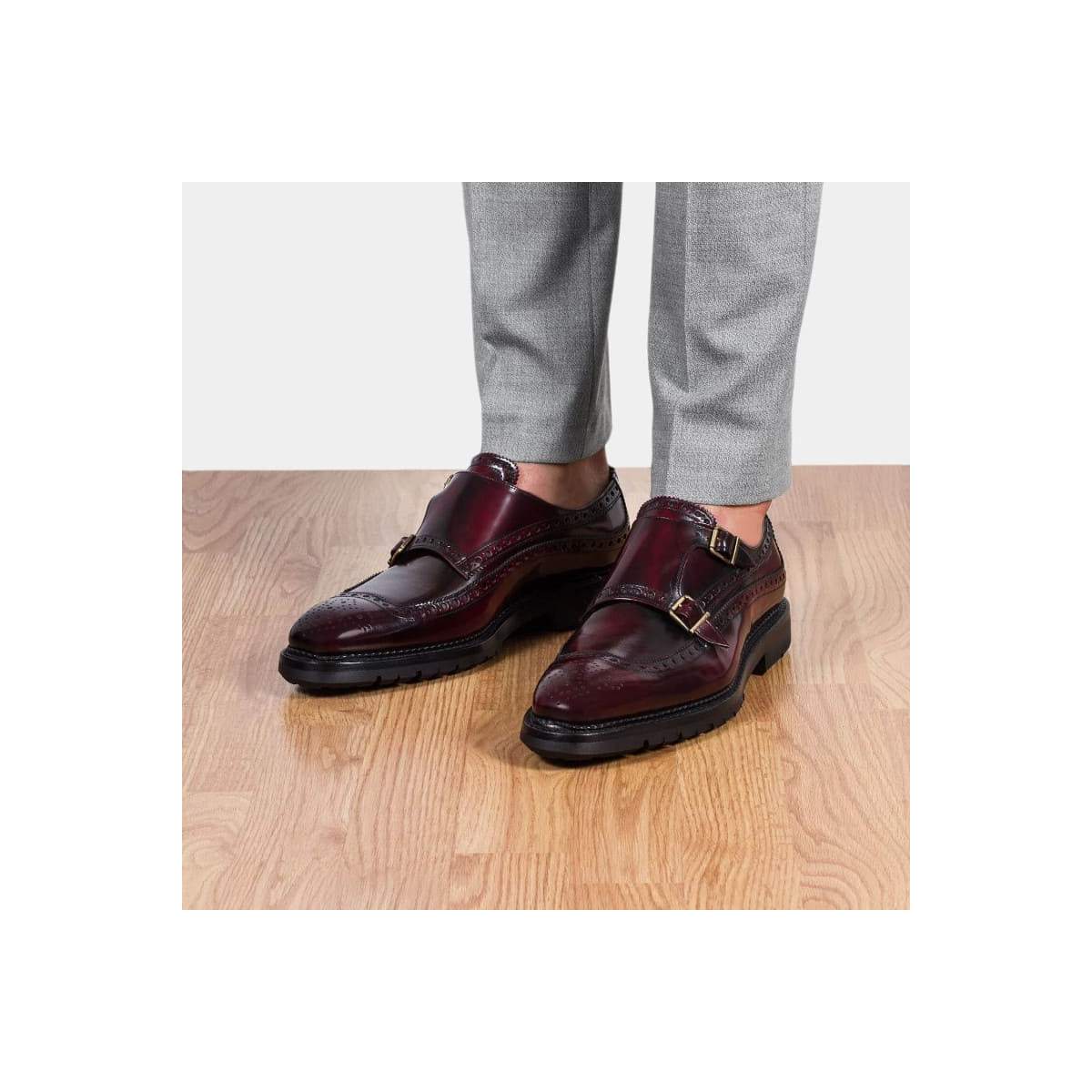 Chaussures double boucle homme en cuir à bout golf fleuri - Bordeaux - michel