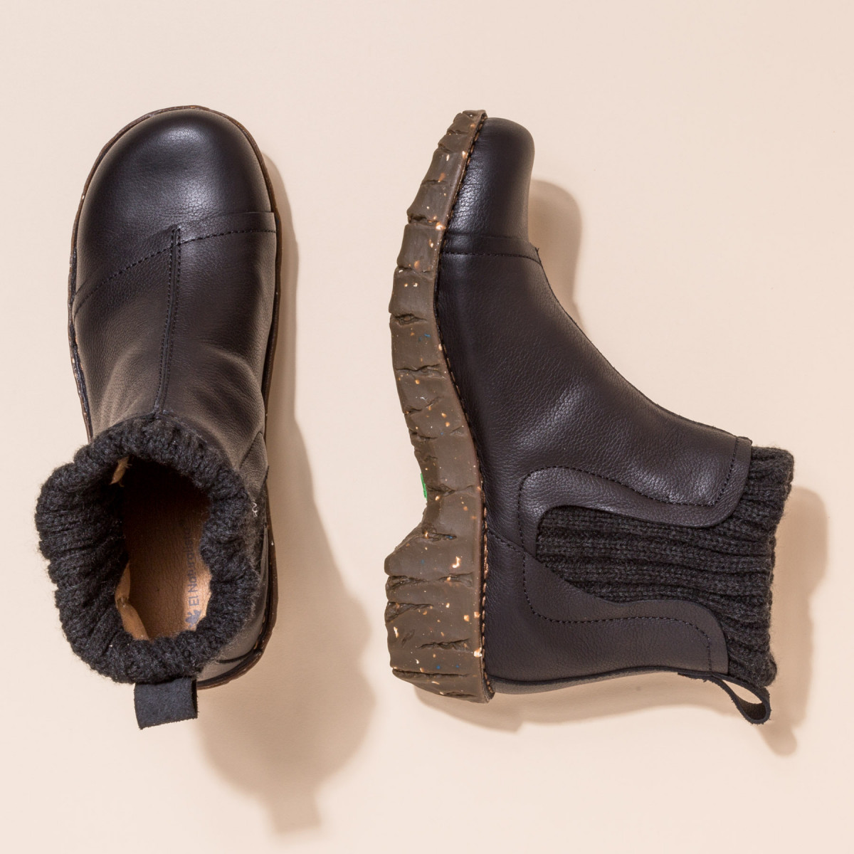 Bottines à talon en cuir doublées de laine - Noir - El naturalista