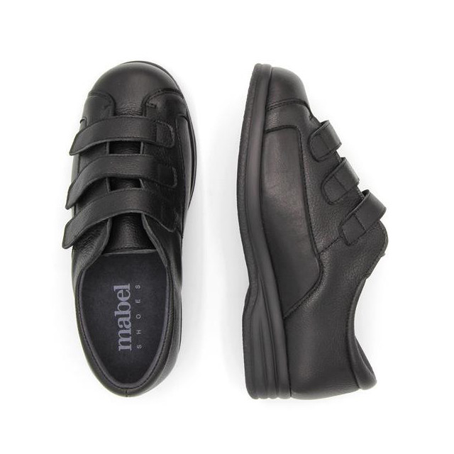 Chaussures pieds larges en cuir à 3 brides velcro - Noir - Mabel Shoes
