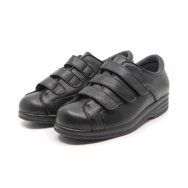 Chaussures pieds larges en cuir à 3 brides velcro - Noir - Mabel Shoes
