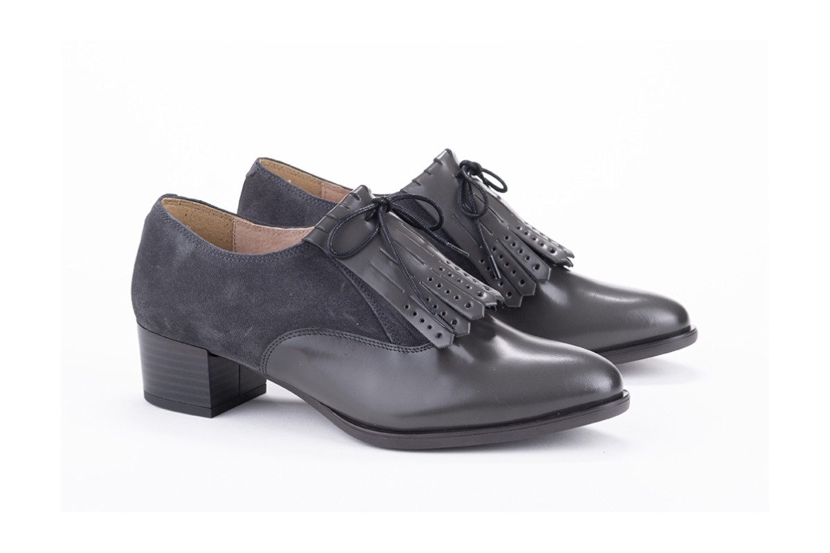 Derbies à talon en cuir lisse et suédé - Gris - Lince