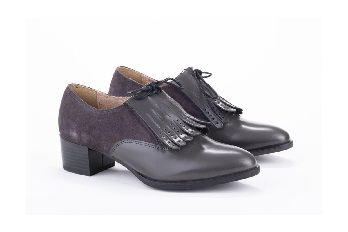 Derbies à talon en cuir lisse et suédé - Gris - Lince