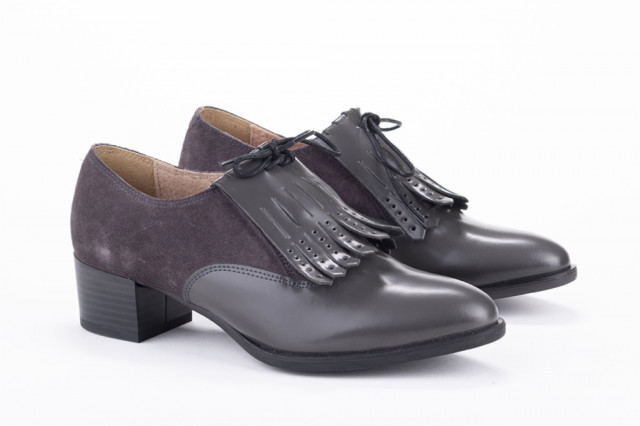 Derbies à talon en cuir lisse et suédé - Gris - Lince