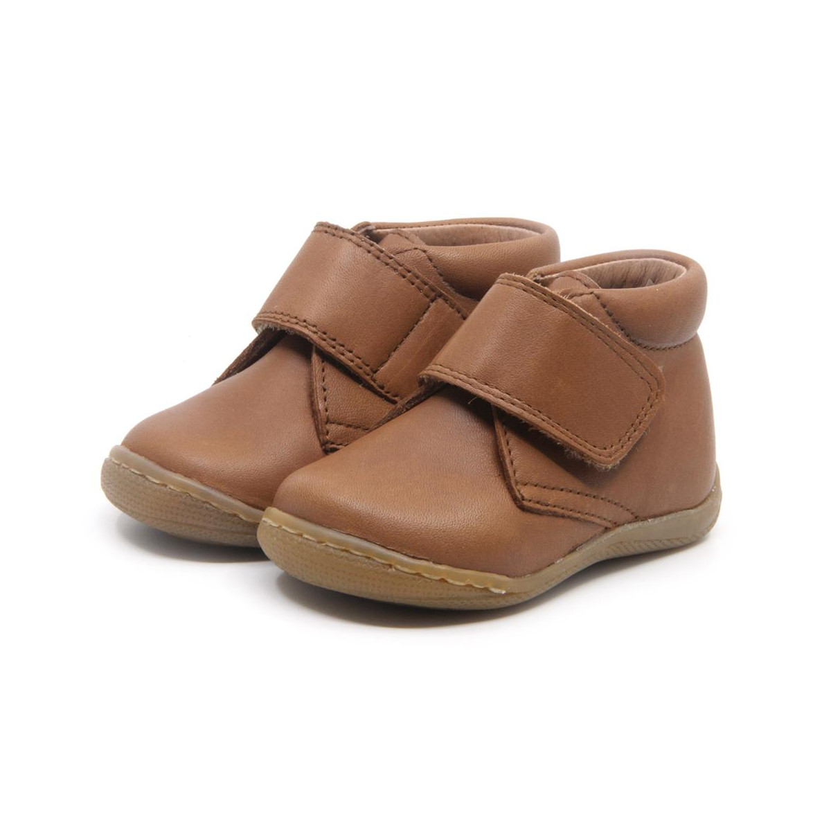 Chaussures enfant à scratch en cuir lisse - Marron - elorell