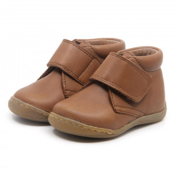 Chaussures enfant à scratch en cuir lisse - Marron - elorell