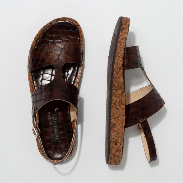 Sandales plates en cuir fantaisie à semelles en liège recyclé - Imprimé Alligator - Neosens