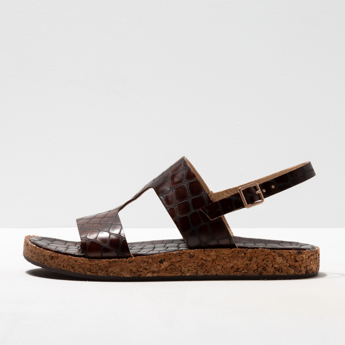 Sandales plates en cuir fantaisie à semelles en liège recyclé - Imprimé Alligator - Neosens