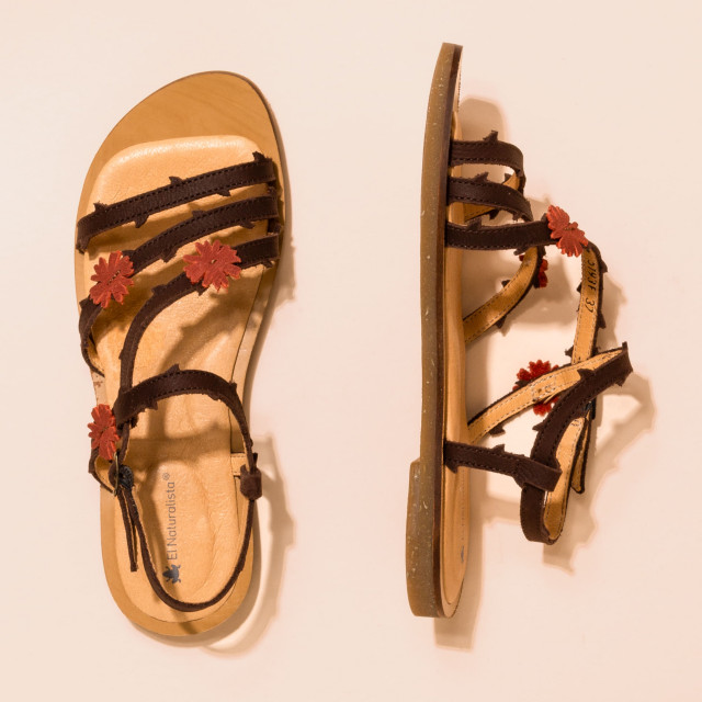 Sandales confortables plates à brides en cuir à fleurs et épines - Marron - El naturalista