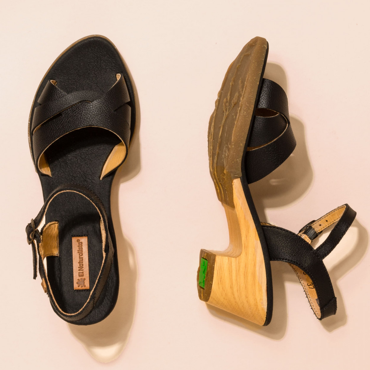 Sandales confortables à talon en bois à bride croisée - Noir - El naturalista