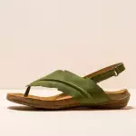 Sandales confortables plates en cuir à bride cheville ornées d'une feuille - Vert - El naturalista