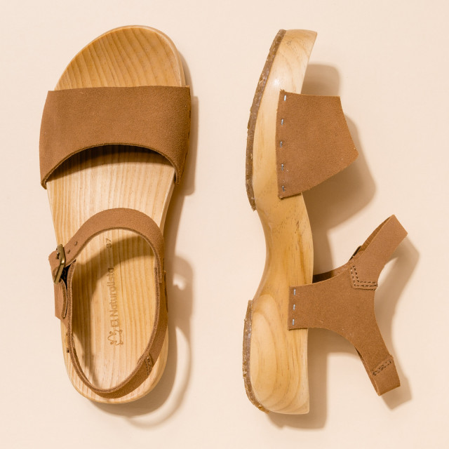 Sandales confortables plateforme en bois de pin naturel et cuir suédé - Cuivre - El naturalista