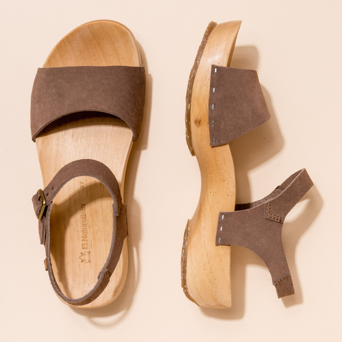 Sandales confortables plateforme en bois de pin naturel et cuir suédé - Marron - El naturalista