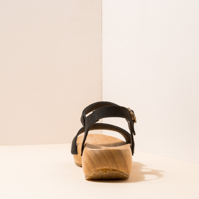 Sandales confortables plateforme en bois de pin naturel et cuir suédé - Noir - El naturalista