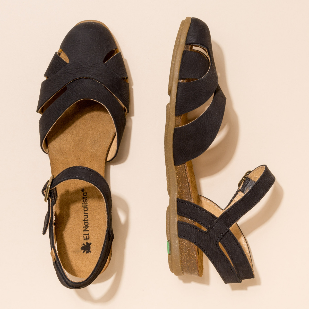 Sandales confortables plates bout fermé en cuir doux - Noir - El naturalista