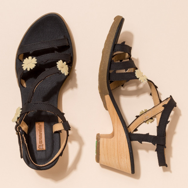 Sandales confortables à talon en bois à brides à épines et fleurs en cuir - Noir - El naturalista
