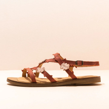 Sandales confortables plates à brides en cuir à fleurs et épines - Rouge Brique - El naturalista