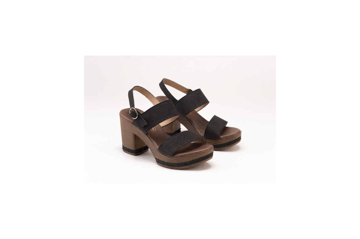 Sandales à talon et plateforme en bois en cuir fantaisie - Noir - Lince