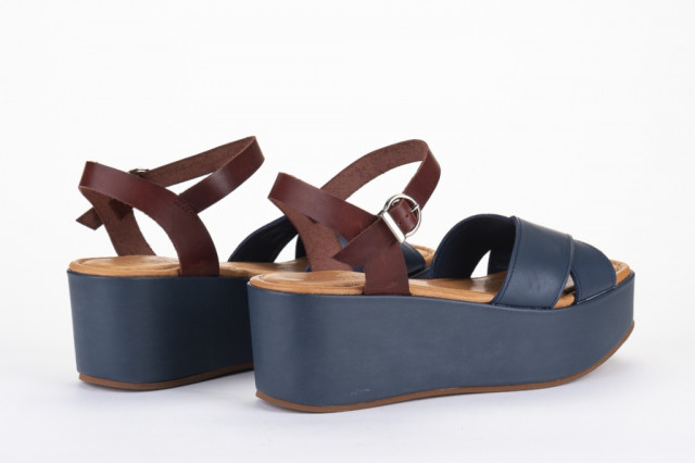 Sandales compensées à talon en cuir bicolore - Bleu - Lince