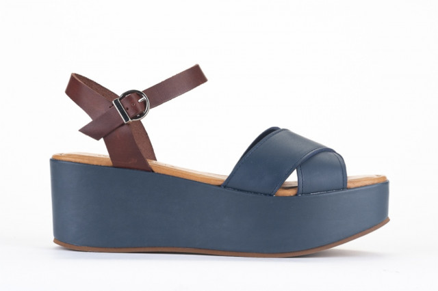 Sandales compensées à talon en cuir bicolore - Bleu - Lince