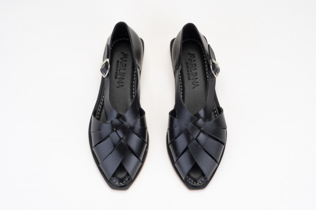 Sandales confortables plates en cuir à lanières croisées - Noir - Lince
