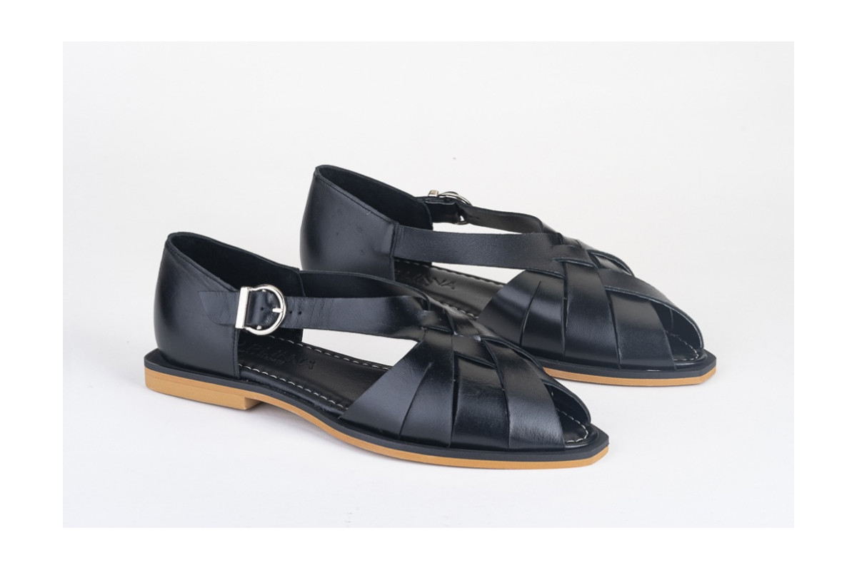 Sandales confortables plates en cuir à lanières croisées - Noir - Lince