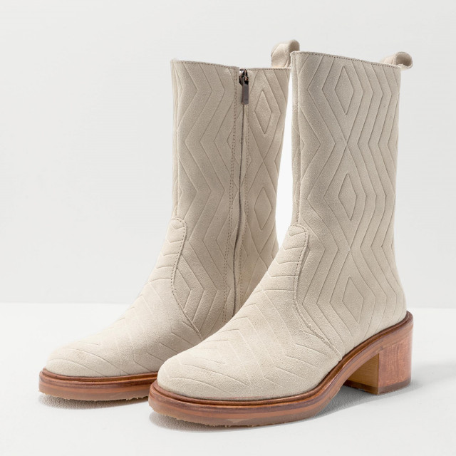 Bottines à talon en cuir suédé à motifs graphiques - Beige - Neosens