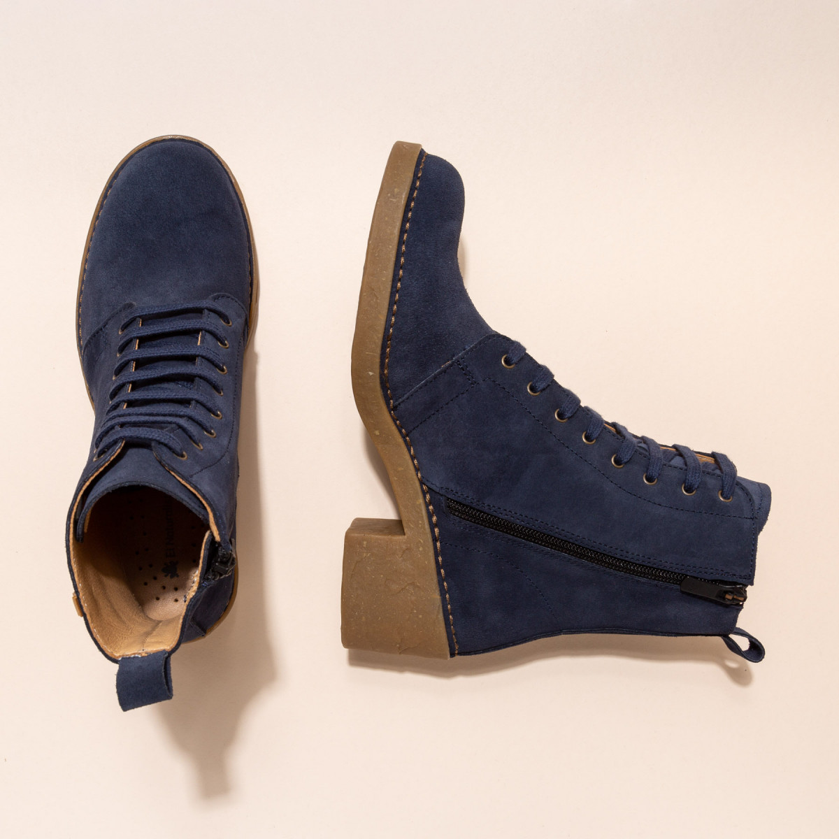 Bottines à talon et lacets en cuir suédé - Bleu Marine - El naturalista