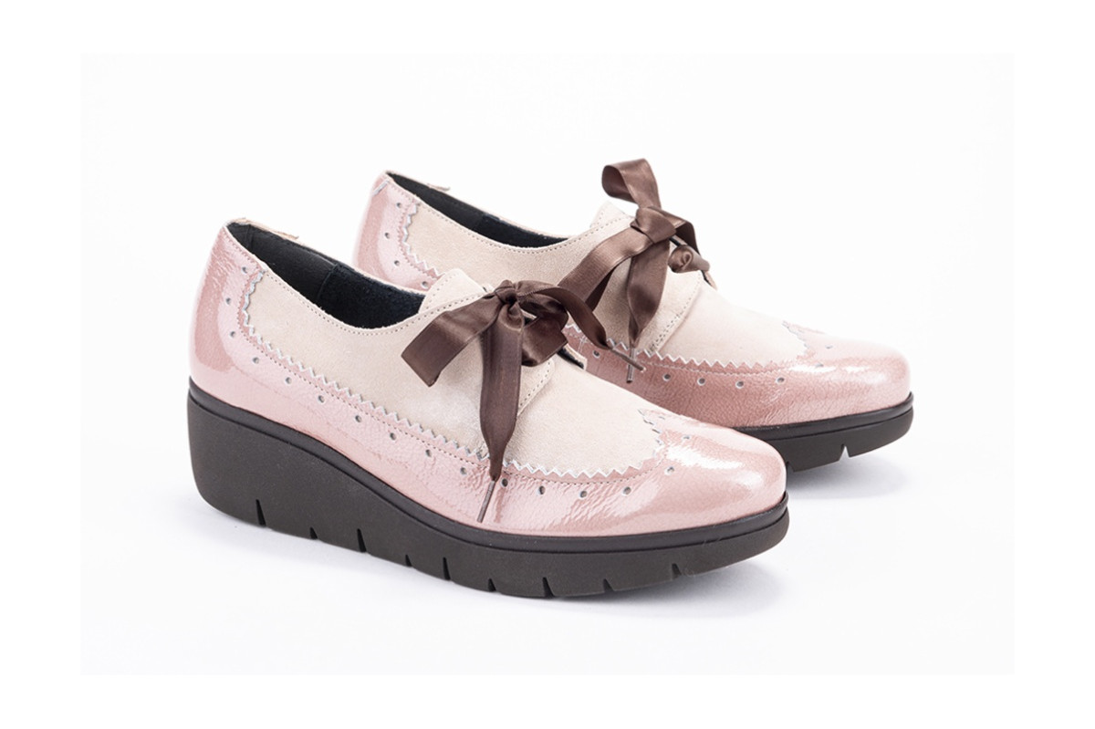 Chaussures compensées à lacets en cuir verni et daim - Rose - Lince