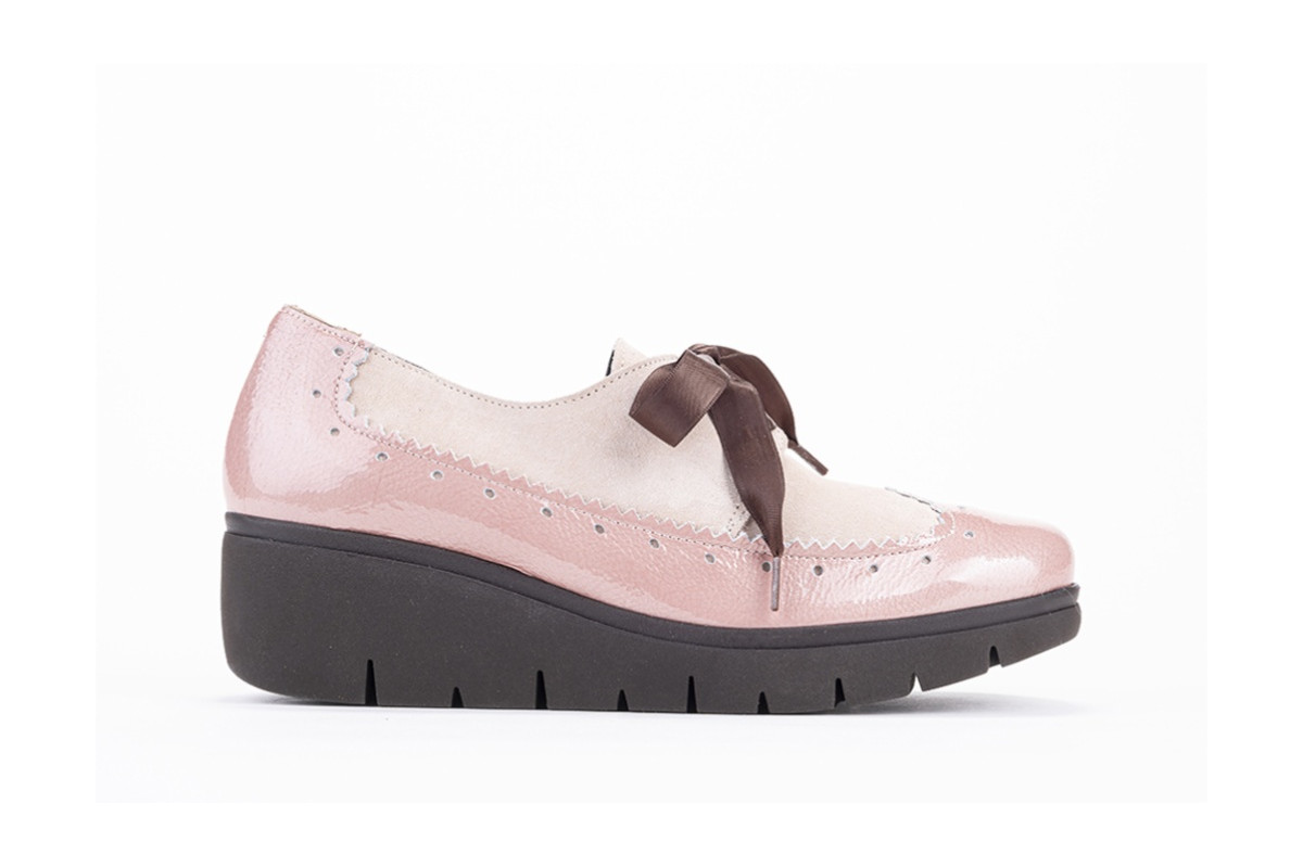 Chaussures compensées à lacets en cuir verni et daim - Rose - Lince