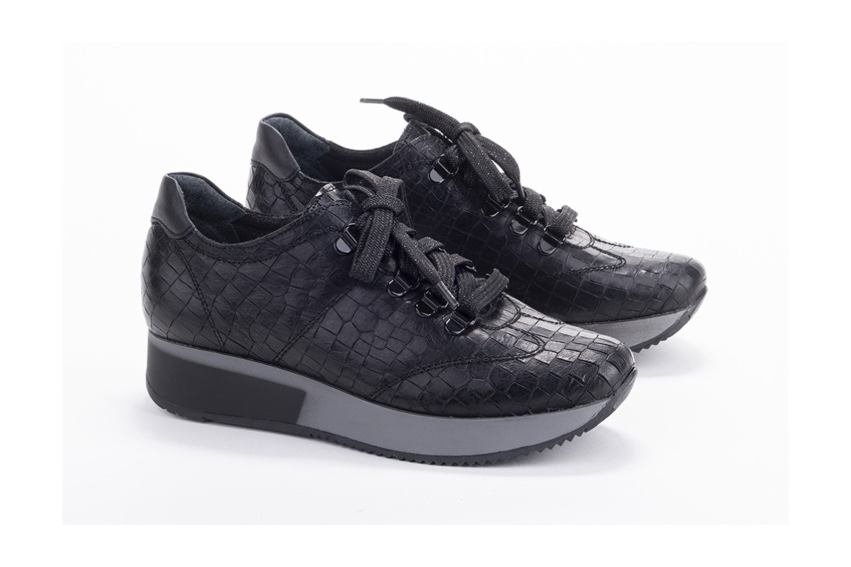 Baskets confortables en cuir effet croco - Noir - Lince