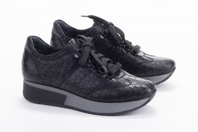 Baskets confortables en cuir effet croco - Noir - Lince