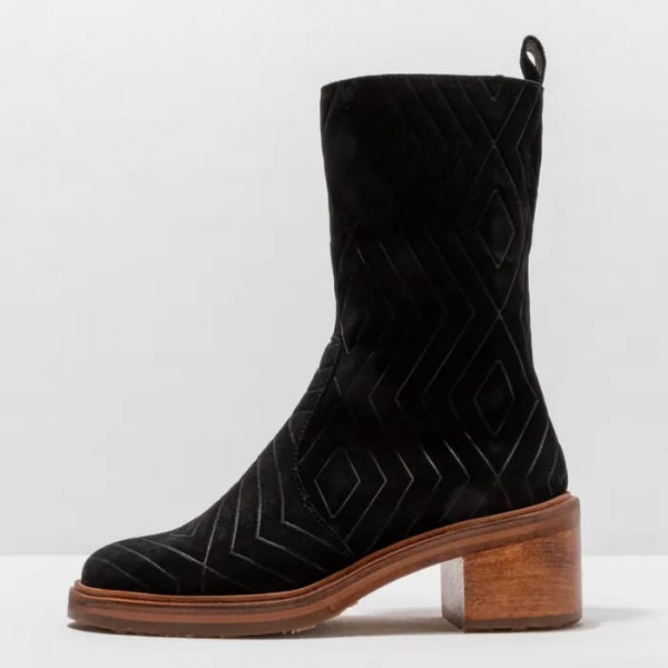 Bottines à talon en cuir suédé à motifs graphiques - Noir - Neosens