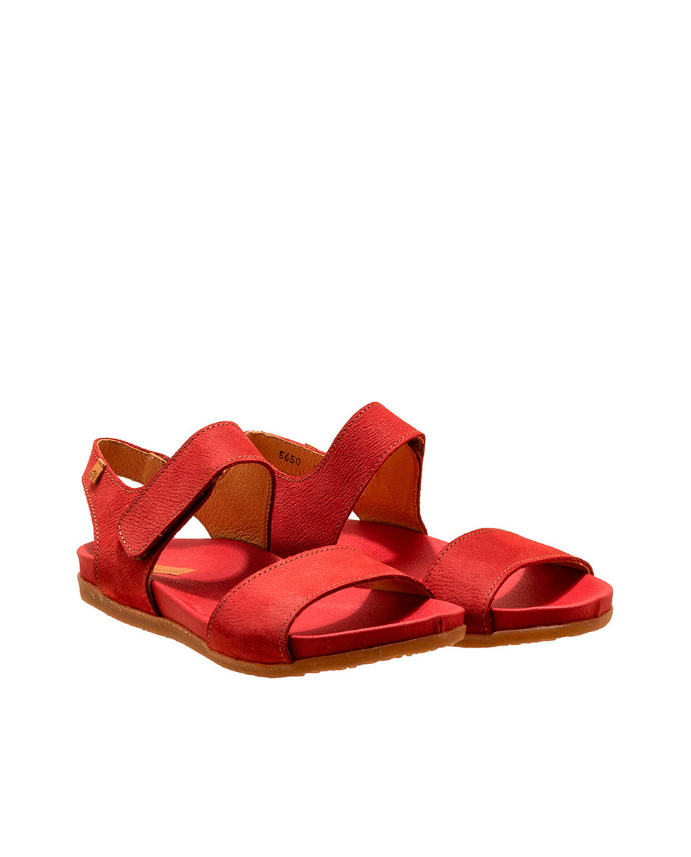 Sandales confortables plates à velcro en cuir et semelles recyclées - Rouge - El naturalista