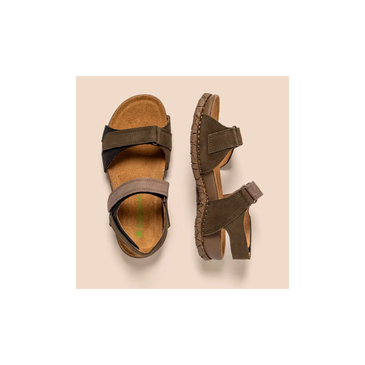 Sandales confortables plates en cuir à scratch et semelles ergonomiques - Marron - El naturalista