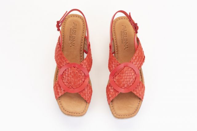 Sandales confortables compensées à talon effet bois - Rouge - Lince