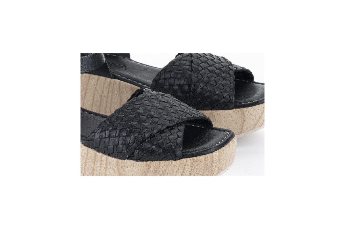 Sandales compensées tresses à talon en bois - Noir - Lince