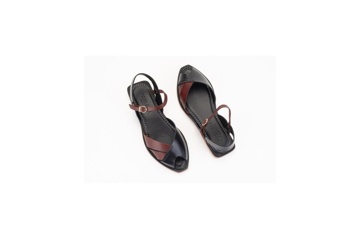 Sandales confortables plates à bout croisé bicolore - Noir - Lince