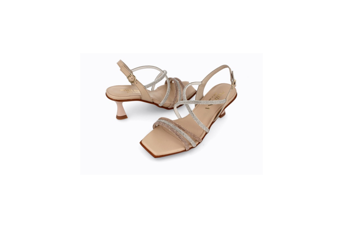 Sandales à talon entonnoir en cuir brides dorées - Beige - Lince