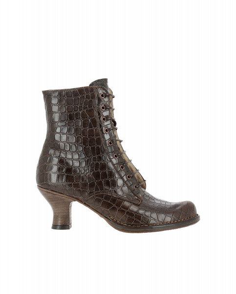 Bottines à lacets à talon bobine en cuir fantaisie - Marron - Neosens