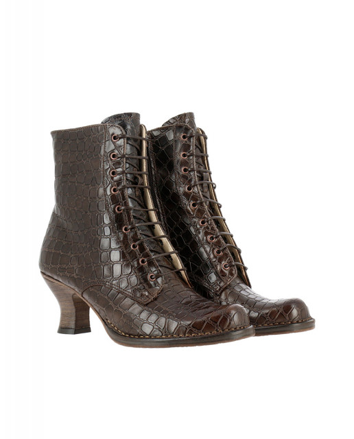 Bottines à lacets à talon bobine en cuir fantaisie - Marron - Neosens