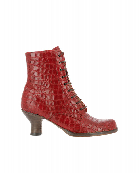 Bottines à lacets à talon bobine en cuir fantaisie - Rouge - Neosens