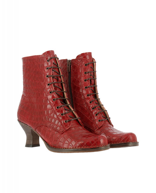 Bottines à lacets à talon bobine en cuir fantaisie - Rouge - Neosens