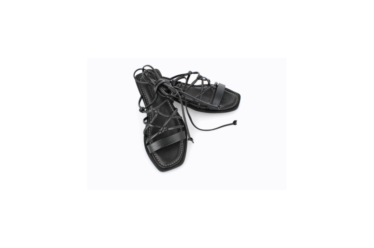 Sandales à petit talon lacées en cuir - Noir - Lince