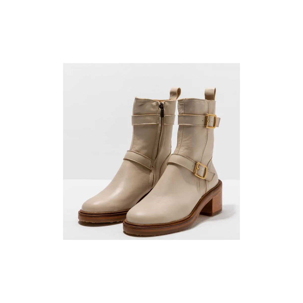 Bottines à talon en cuir ornées de boucles - Beige Clair - Neosens